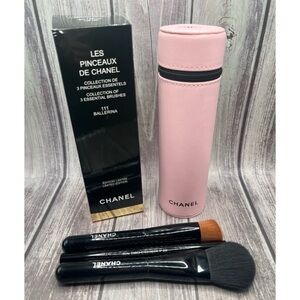 NIB CHANEL Set of 3 Makeup Brushes with Storage Case Bag Ballerina Pink Black CC